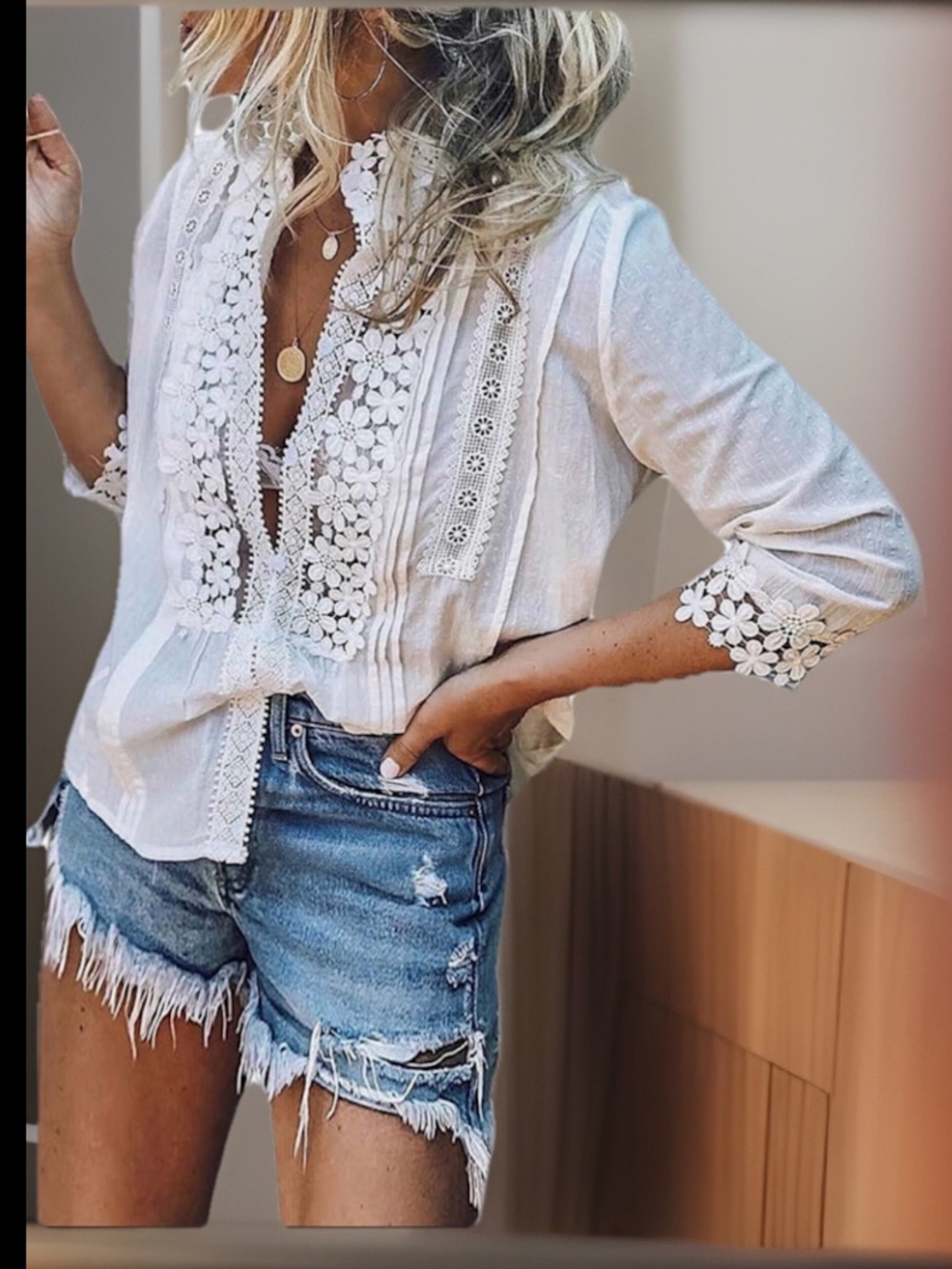 Mandarin Beach Elapsy Embroidered V Neck Short Sleeve Silk Clio Tunic Shirt